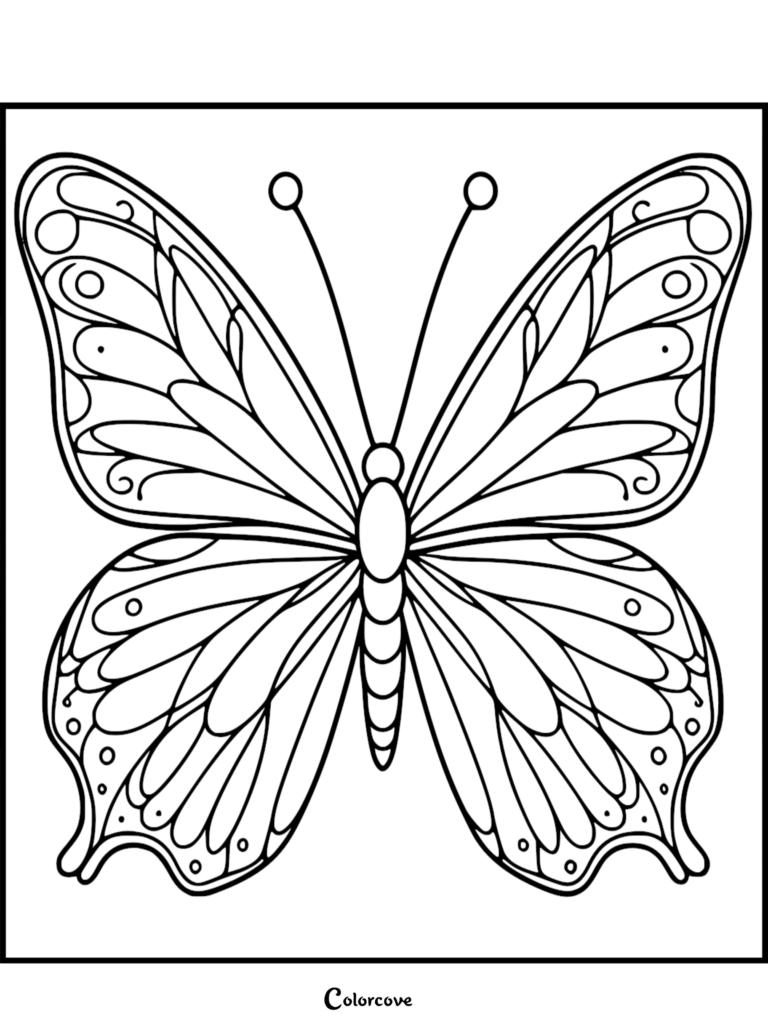 A detailed butterfly coloring page featuring symmetrical wing patterns and delicate antennae on a clean white background.