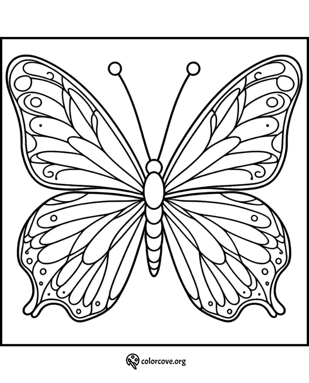 Butterfly coloring page for kids and adults with intricate wing patterns. Perfect for creative relaxation and art activities.