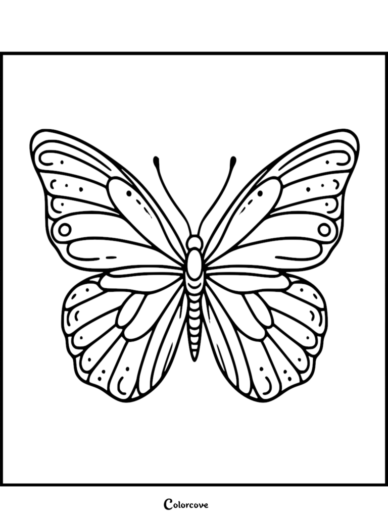 A simple line art butterfly coloring page featuring symmetrical wings with rounded patterns and dotted details.
