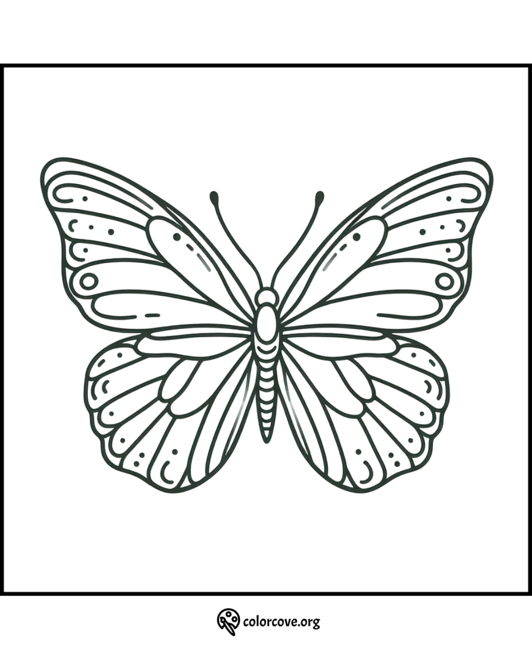 Butterfly coloring page with intricate wing patterns for relaxation and creativity. Printable and fun for kids and adults.