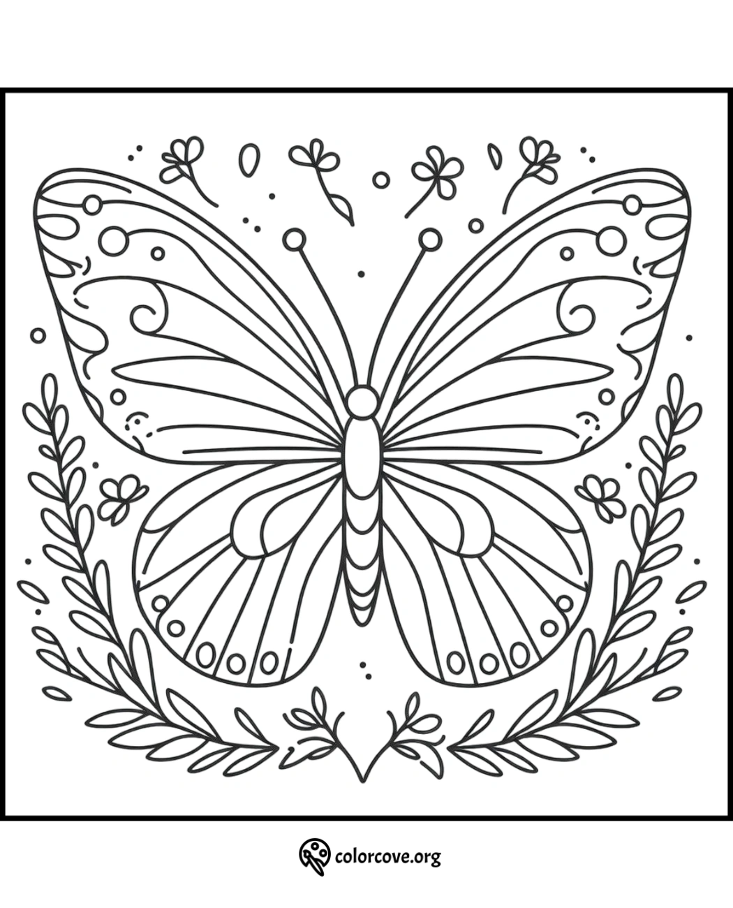 Butterfly coloring page with intricate patterns and floral elements. Ideal for kids and adults looking for creative activity.