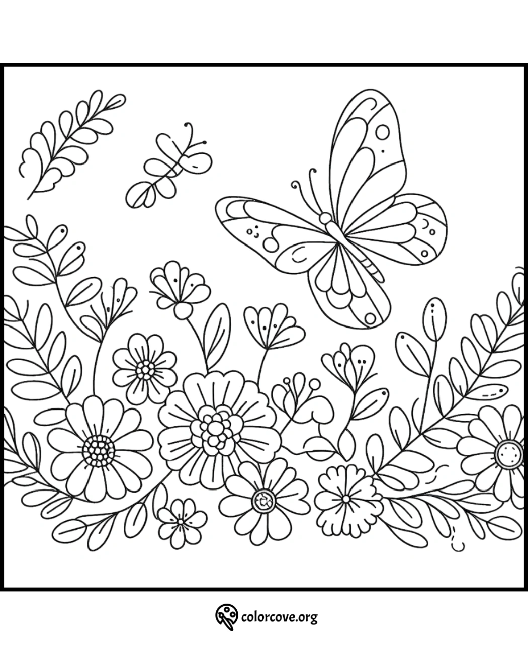 Butterfly and flowers coloring page featuring intricate floral designs and a butterfly overhead. Ideal for relaxation and creativity.