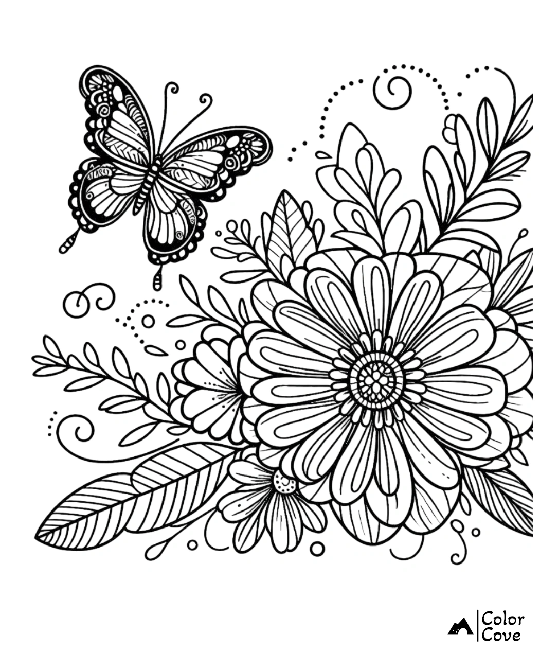 a butterfly and flowers coloring page