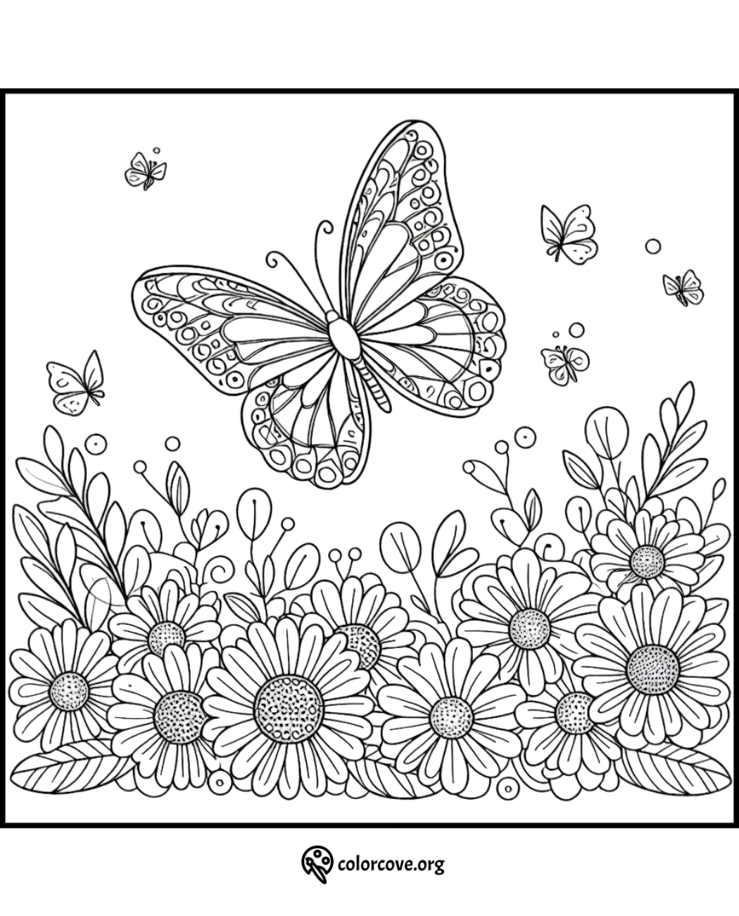 Butterfly and floral coloring page featuring detailed flowers and butterflies, perfect for relaxing and creative coloring sessions.