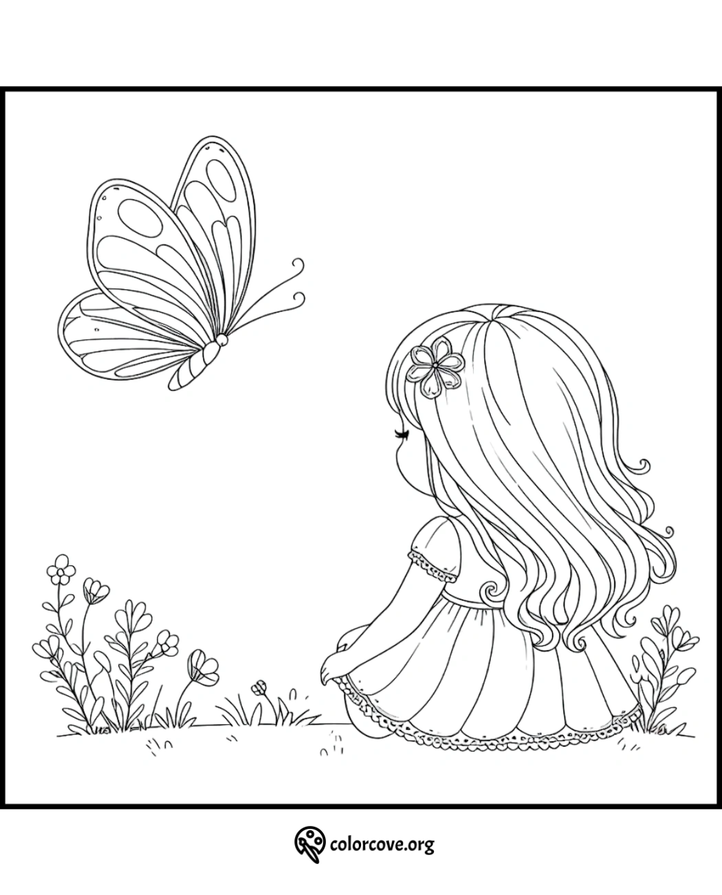 Coloring page of a girl with long hair sitting on grass, watching a butterfly, with flowers in the background.