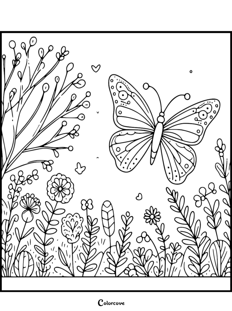 A cozy butterfly flying over a garden of wildflowers and branches in this printable coloring page sheet 32.