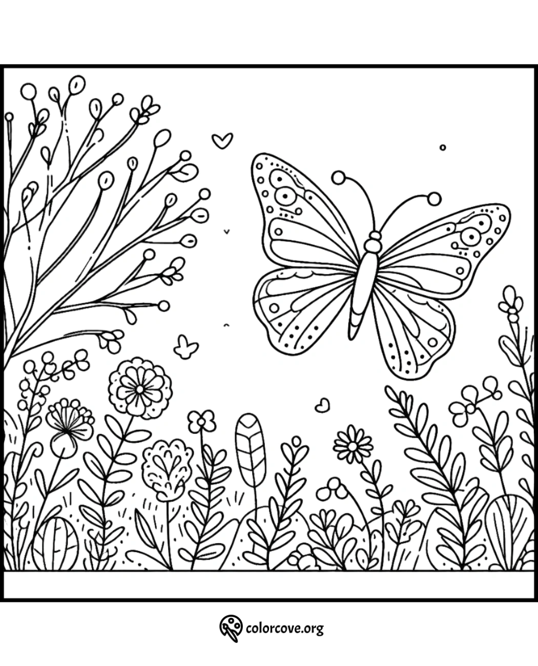 Butterfly in a garden coloring page with intricate flowers and foliage, perfect for kids and adults who love nature-themed art.