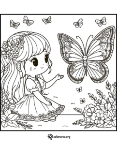Coloring page of a cute girl with flowers in her hair, reaching out to a big, detailed butterfly, surrounded by flowers and smaller butterflies.