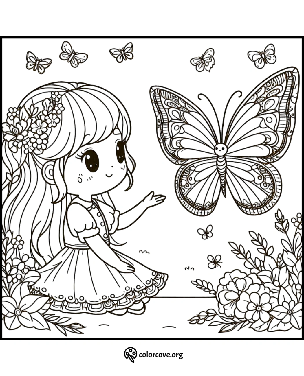 Coloring page of a cute girl with flowers in her hair, reaching out to a big, detailed butterfly, surrounded by flowers and smaller butterflies.