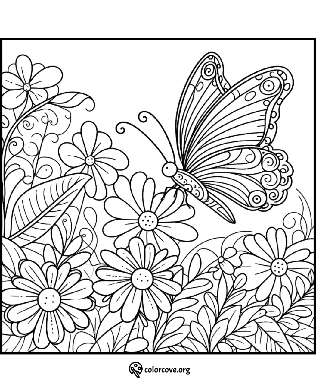 Intricate coloring page with a detailed butterfly flying among flowers and leaves, perfect for relaxation and creativity.