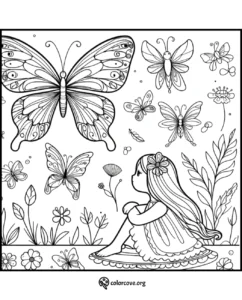 Coloring page featuring a girl sitting among flowers, surrounded by detailed butterflies and plants.