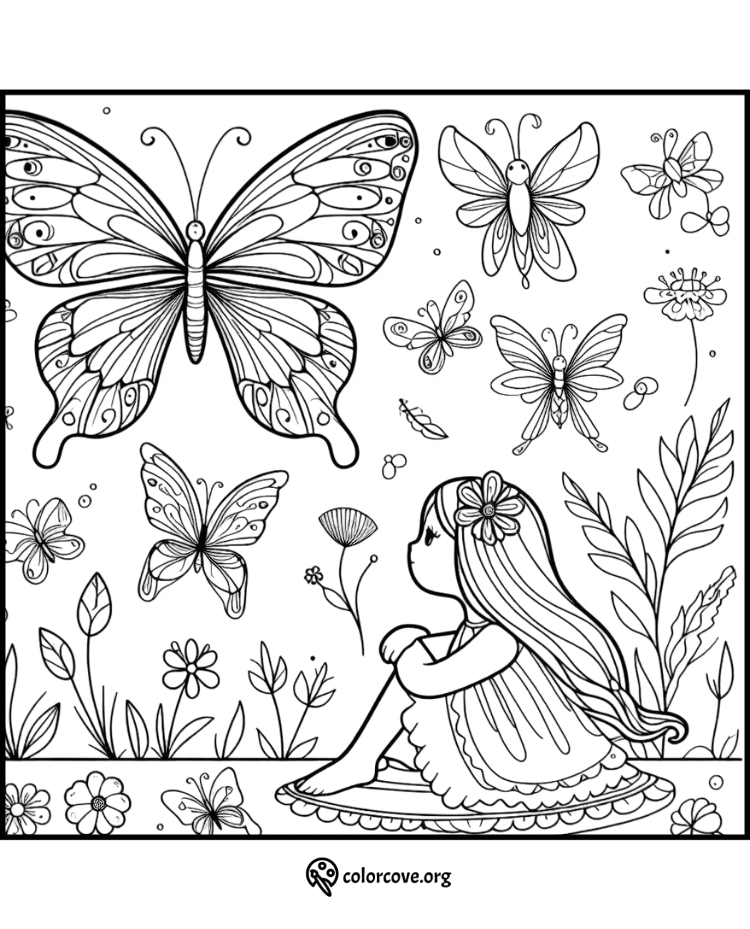 Coloring page featuring a girl sitting among flowers, surrounded by detailed butterflies and plants.