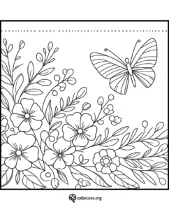 Butterfly and flowers coloring page with intricate floral designs, leaves, and a butterfly in flight. Ideal for kids and adults.
