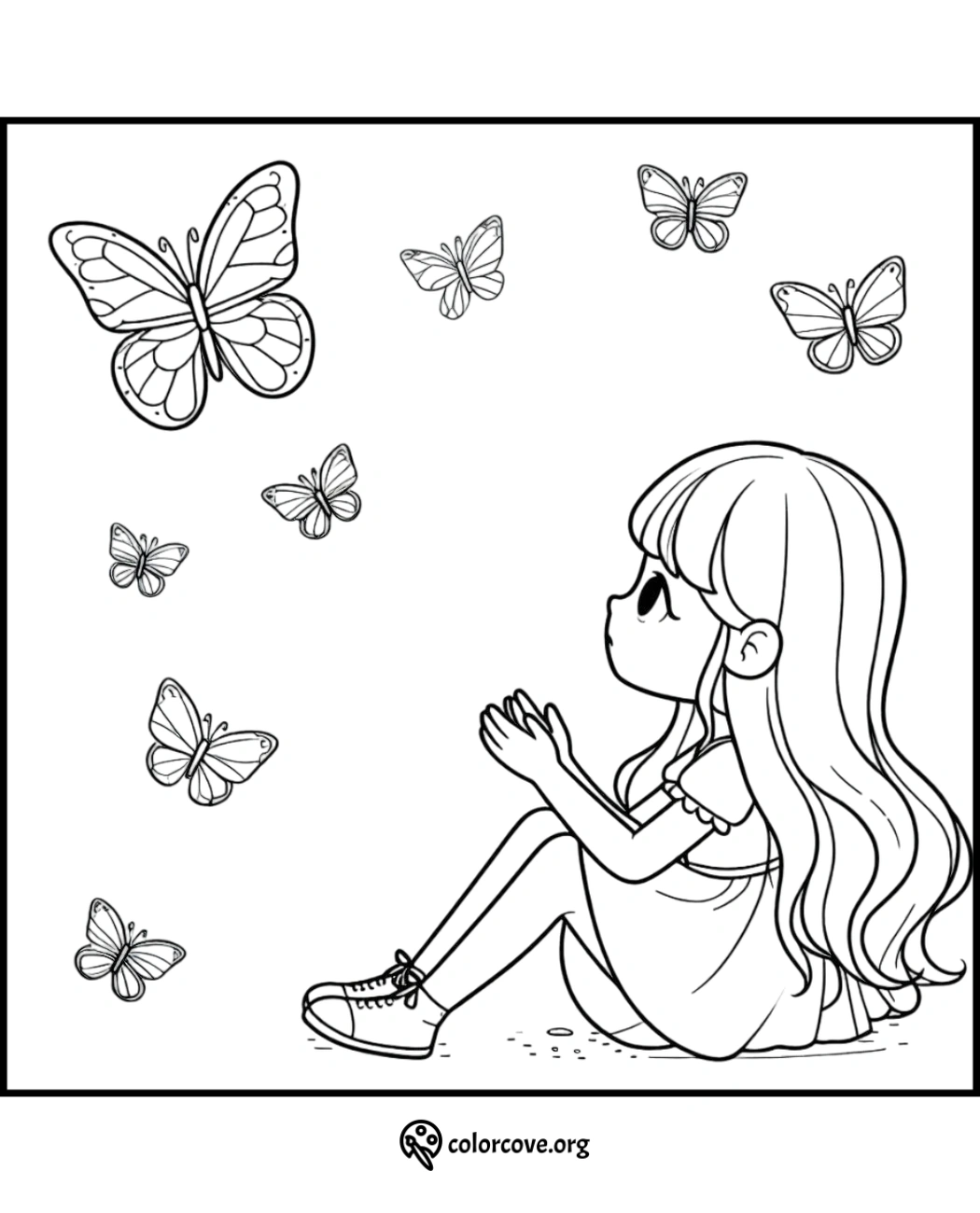 Coloring page featuring a girl seated on the ground with butterflies flying around her. Perfect activity for kids.