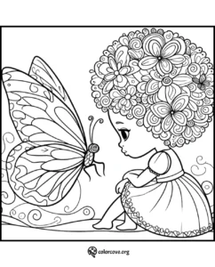 Cute coloring page of a girl with flower hair, admiring a butterfly. Perfect for kids and art enthusiasts.