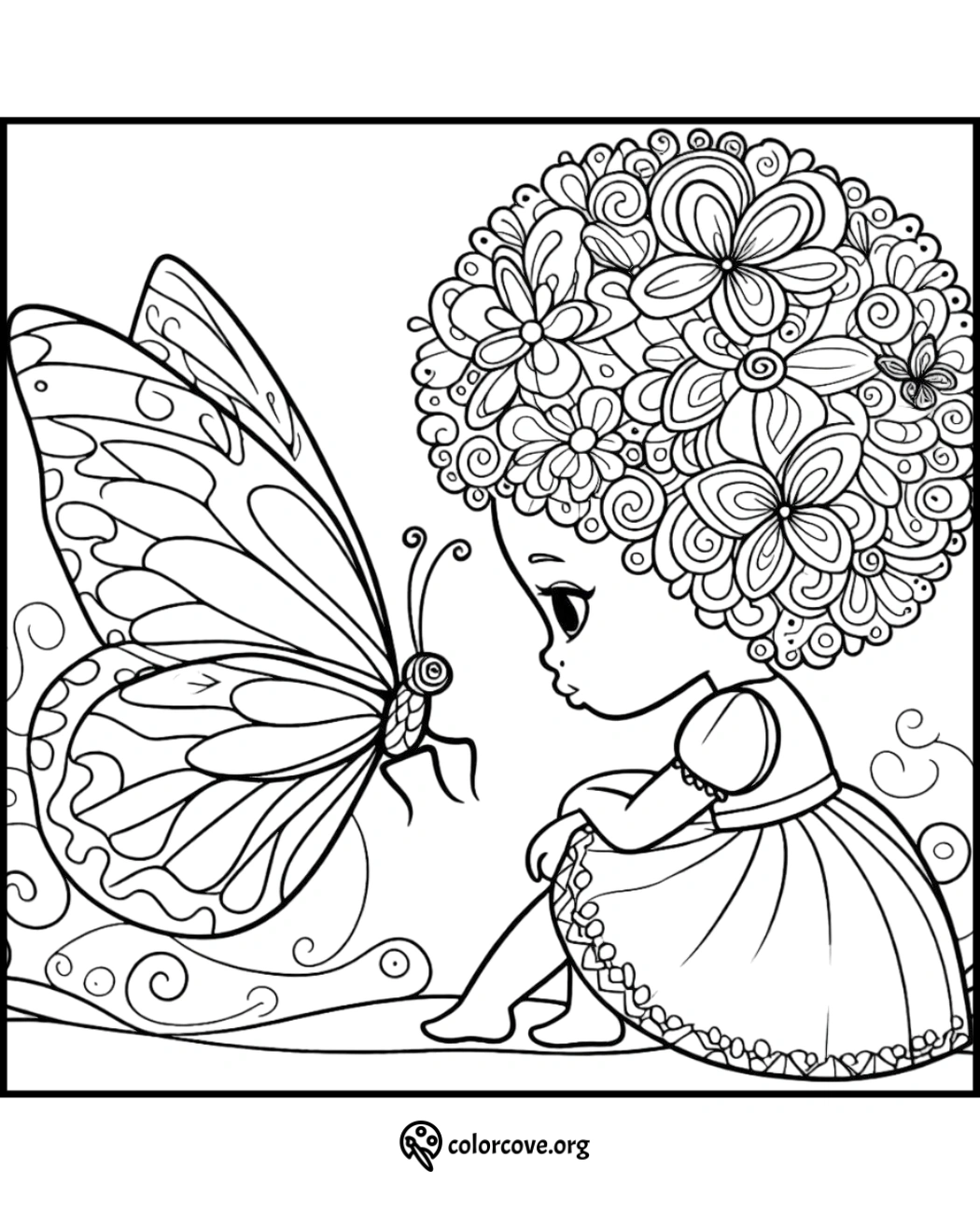 Cute coloring page of a girl with flower hair, admiring a butterfly. Perfect for kids and art enthusiasts.