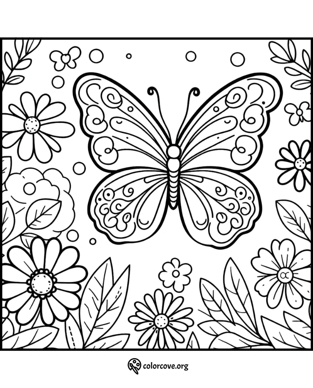 Butterfly coloring page with flowers and leaves, perfect for kids and adults, detailed line art printable from colorcove.org