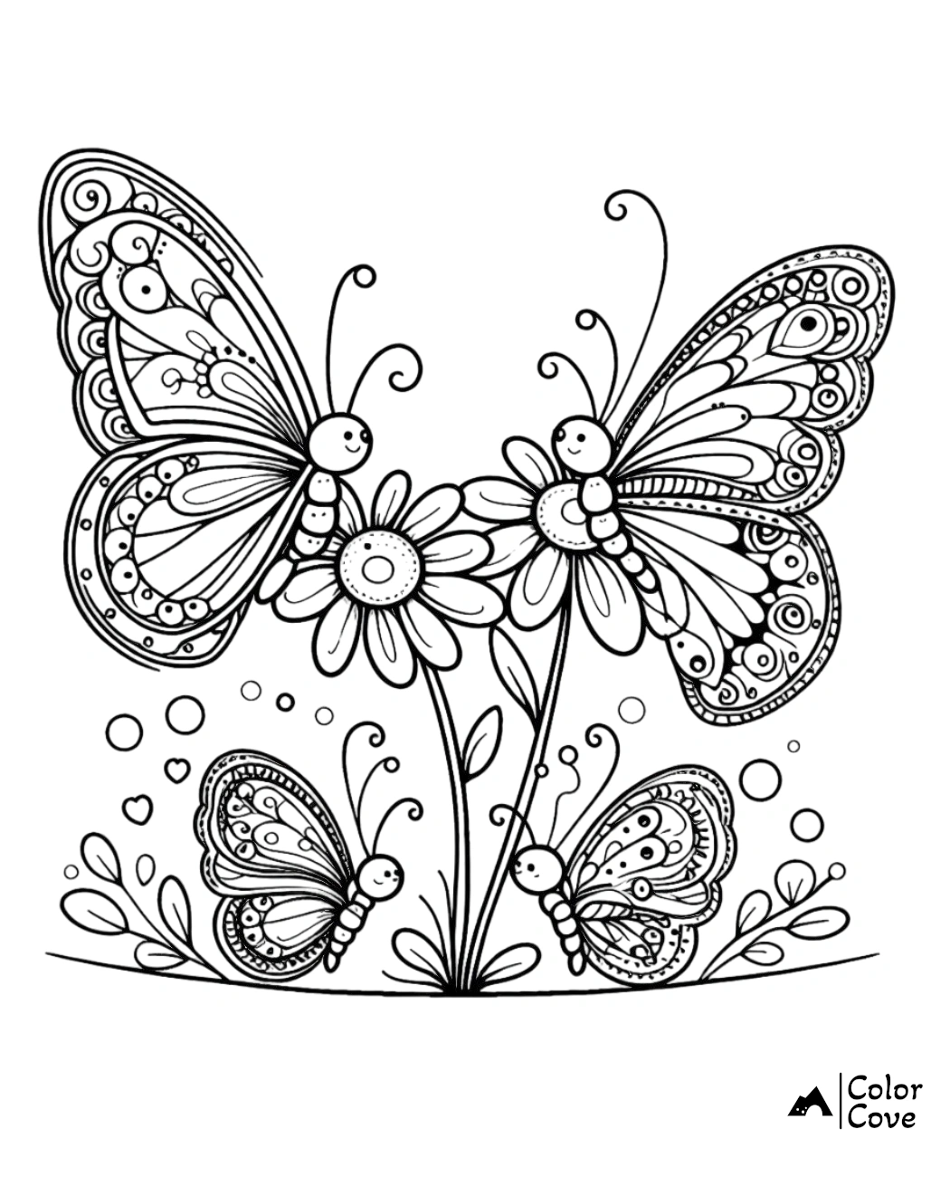 a drawing of butterflies and flowers