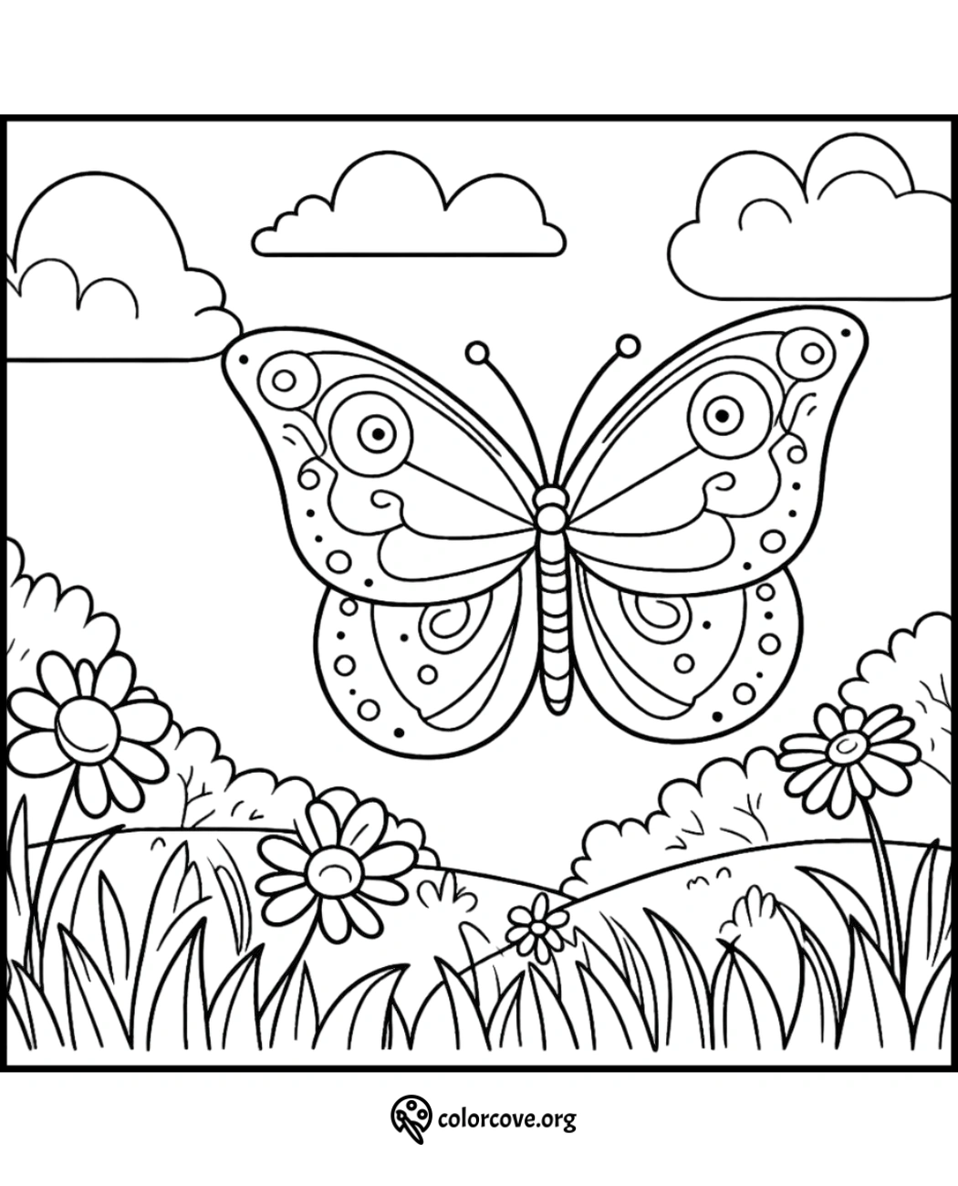 Butterfly coloring page with intricate patterns, surrounded by flowers, grass, and clouds. Perfect for kids and adults.