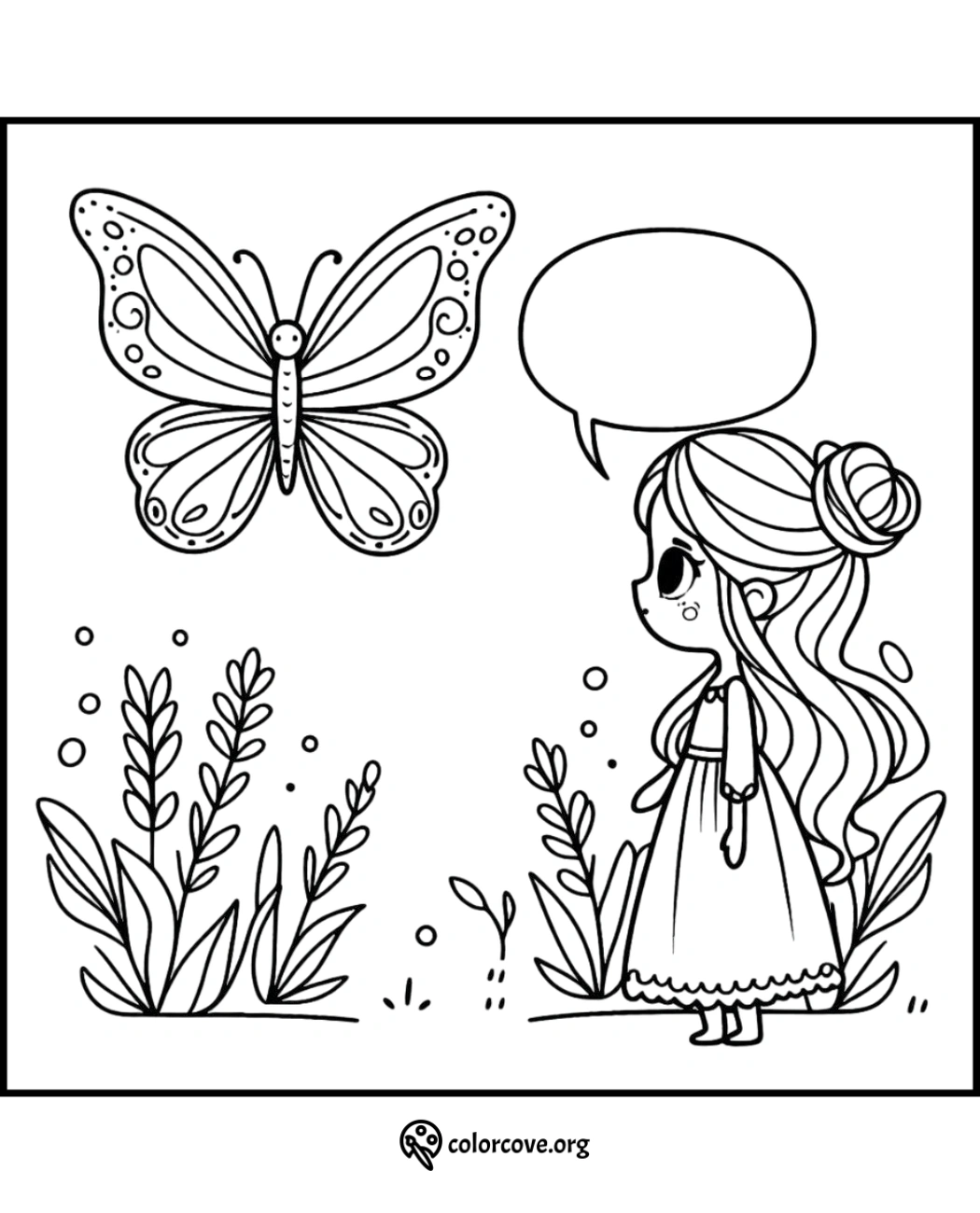 Coloring page featuring a cute girl with long hair and a dress, talking to a butterfly amidst plants.