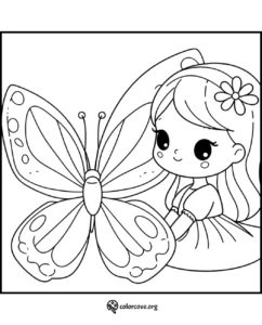 Coloring page of a cute girl with a flower in her hair hugging a large butterfly from colorcove.org.