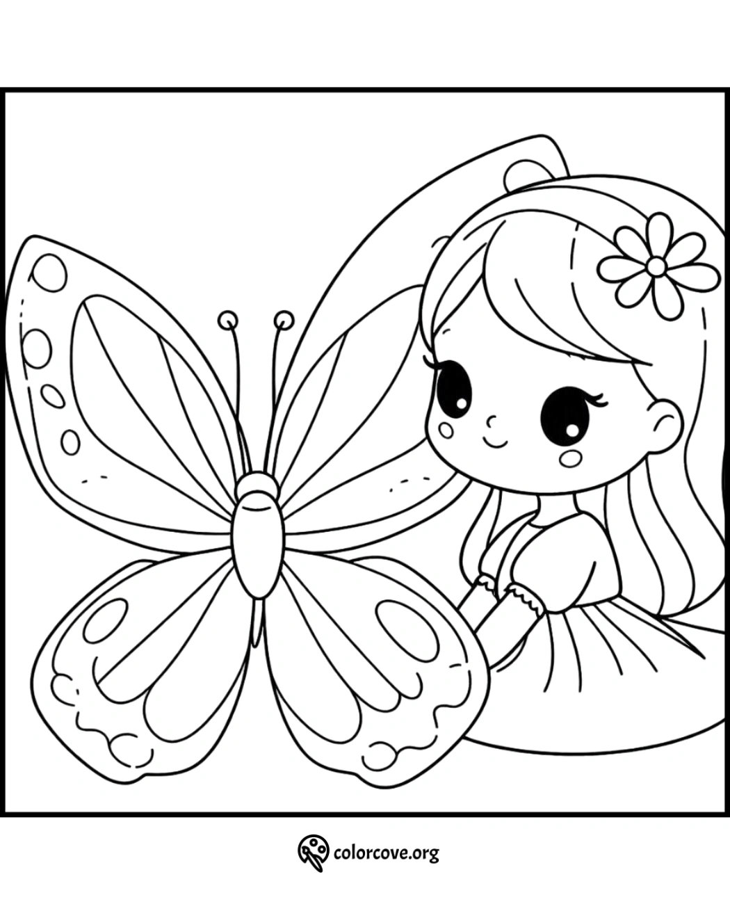 Coloring page of a cute girl with a flower in her hair hugging a large butterfly from colorcove.org.