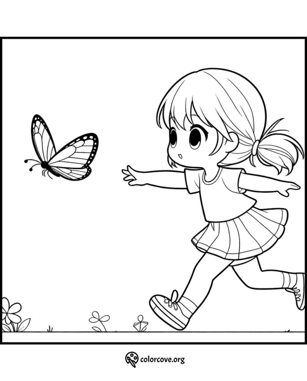 Girl chasing a butterfly - free printable coloring page for kids to enjoy outdoor-themed activities, creativity, and nature fun.