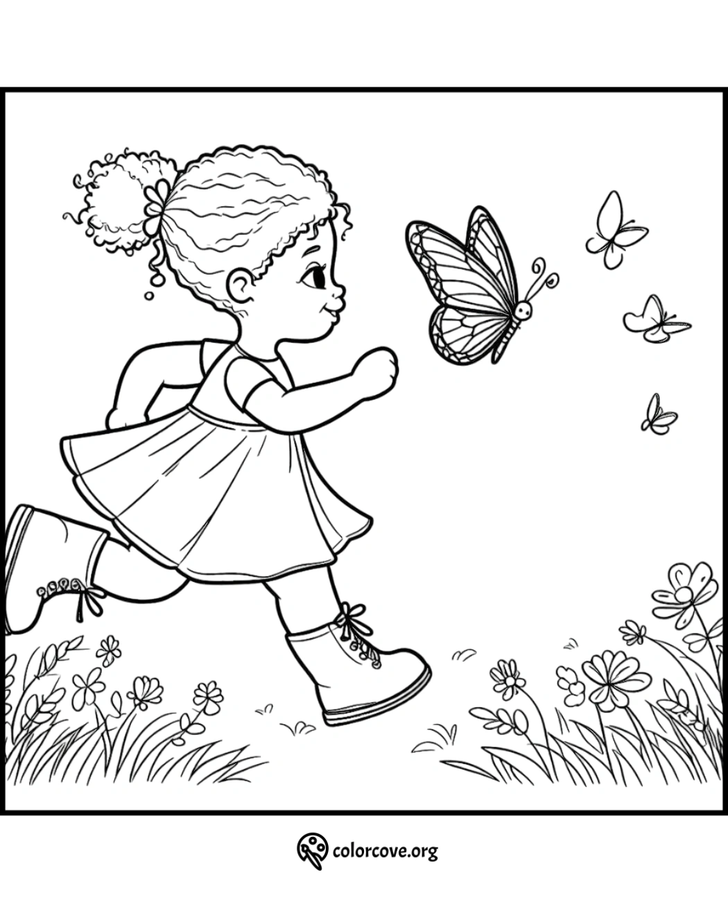 Coloring page of a girl running after butterflies in a field with flowers and grass, provided by colorcove.org.