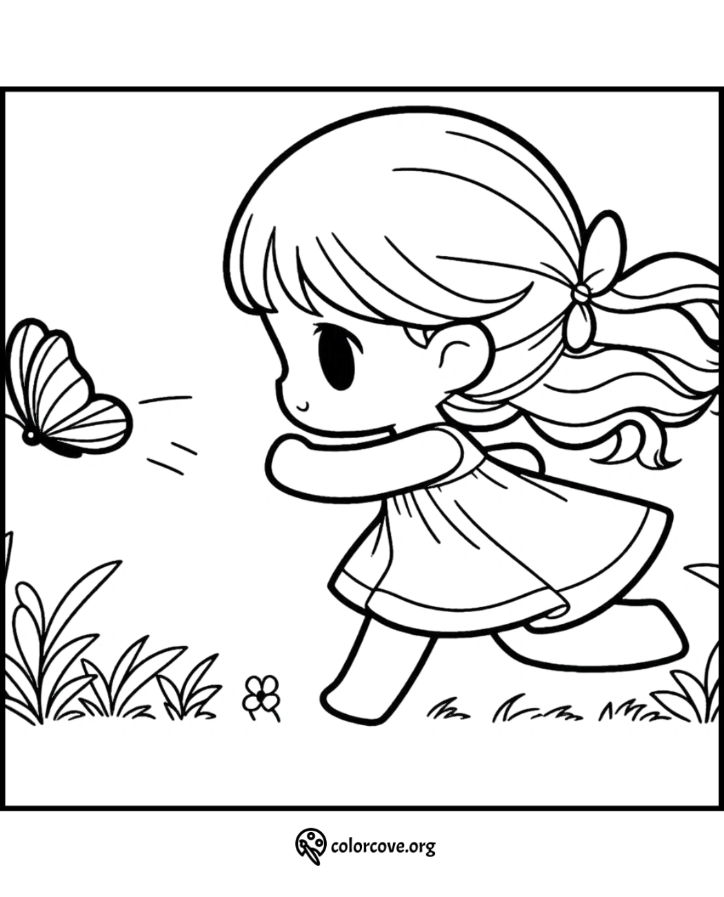 Cute coloring page of a little girl chasing a butterfly. Ideal for kids' activities and printable fun. Download at colorcove.org.