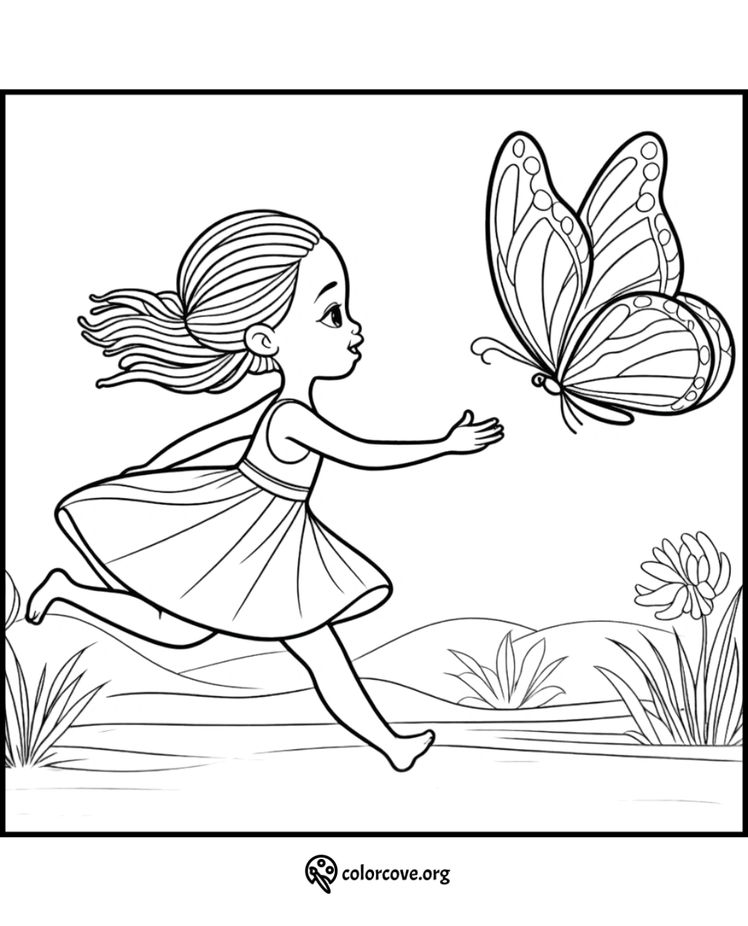 Coloring page of a young girl running joyfully, reaching out to a beautiful butterfly in a natural setting.