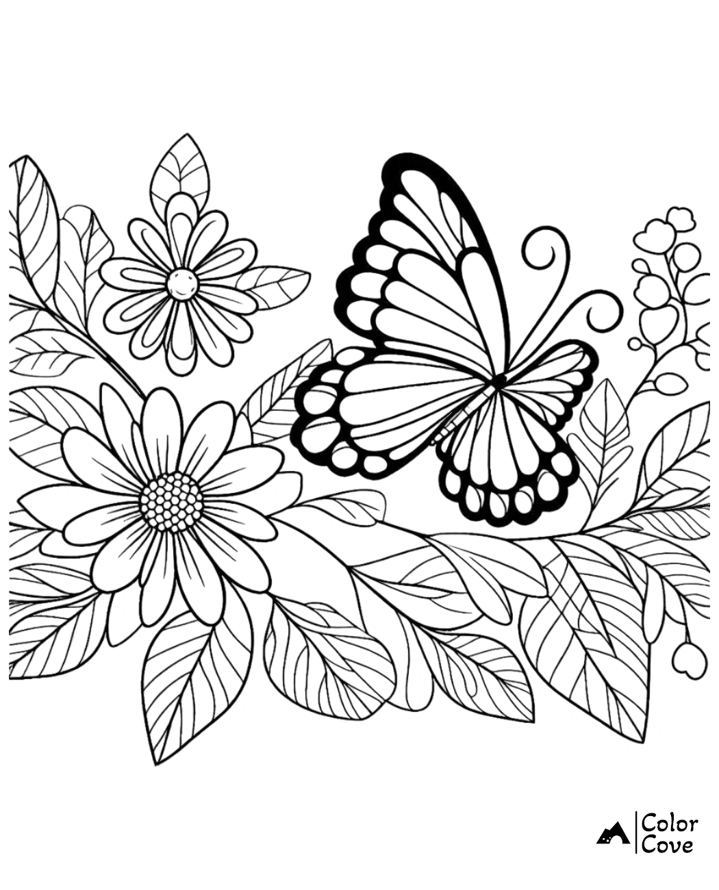 a butterfly and flowers coloring page