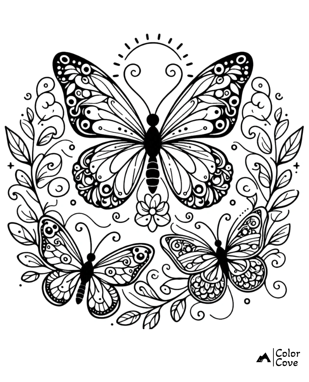 a black and white drawing of butterflies