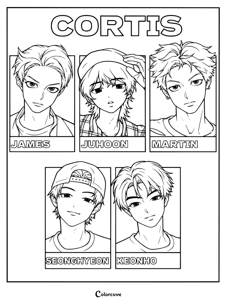 Dibujo para colorear imprimible con los cinco miembros de CORTIS: James, Juhoon, Martin, Seonghyeon y Keonho en recuadros de retratos individuales.