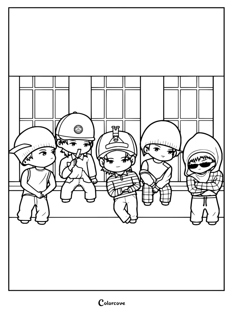 Dibujo para colorear de CORTIS en versión chibi con los cinco miembros sentados juntos luciendo atuendos estilo Y2K.