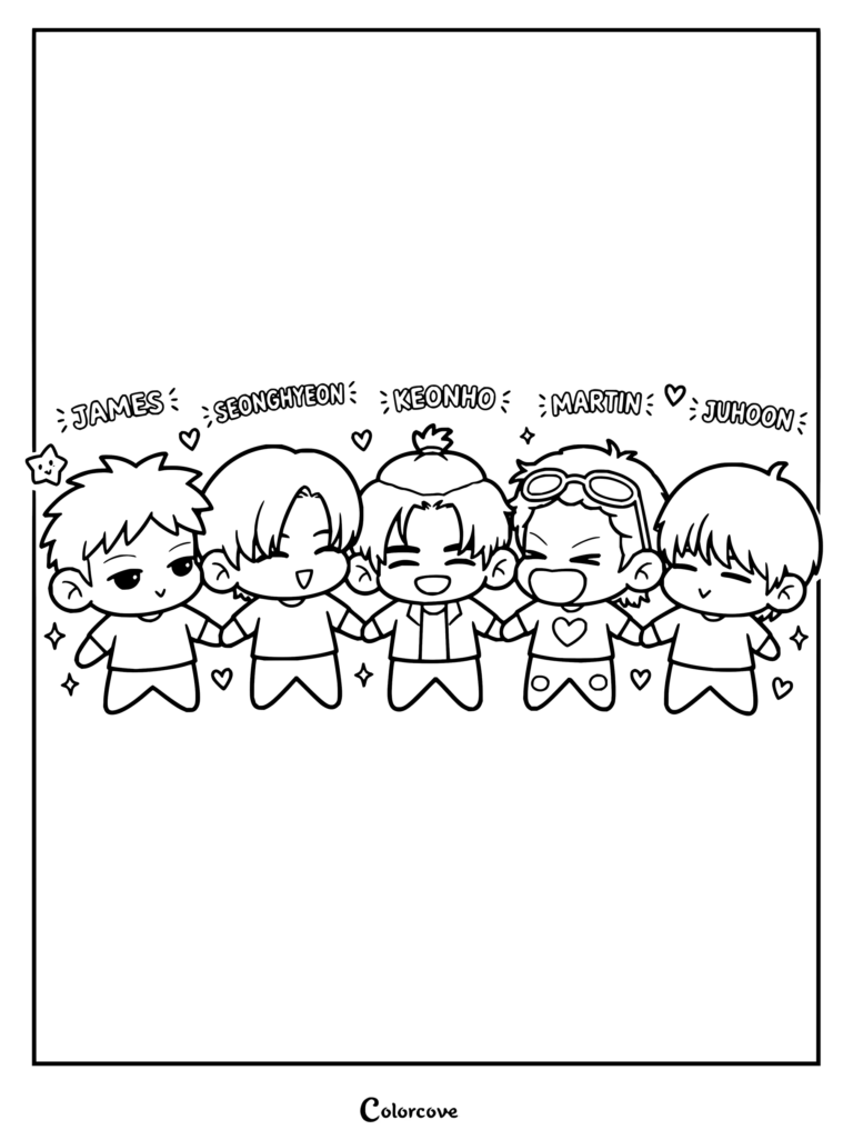 Dibujo para colorear imprimible con los miembros chibi de CORTIS de pie y agarrados de la mano, con sus nombres sobre ellos.