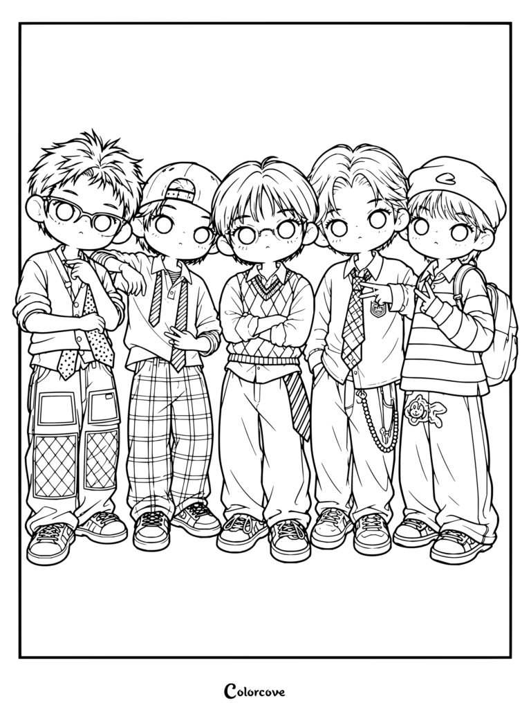 Dibujo para colorear gratis e imprimible con los miembros de CORTIS en versión chibi, vestidos con moda urbana casual y accesorios.