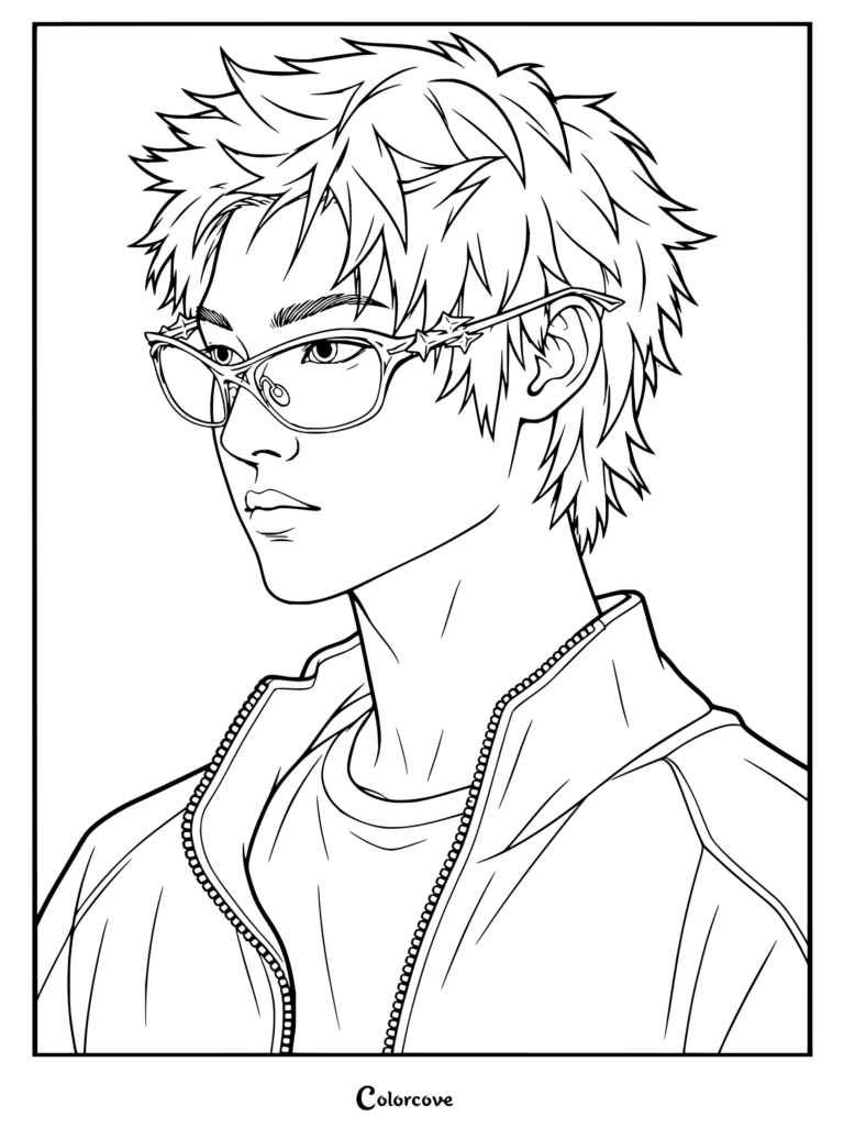 Dibujo para colorear imprimible de Martin de CORTIS luciendo su pelo de punta, gafas modernas y una chaqueta con cremallera.