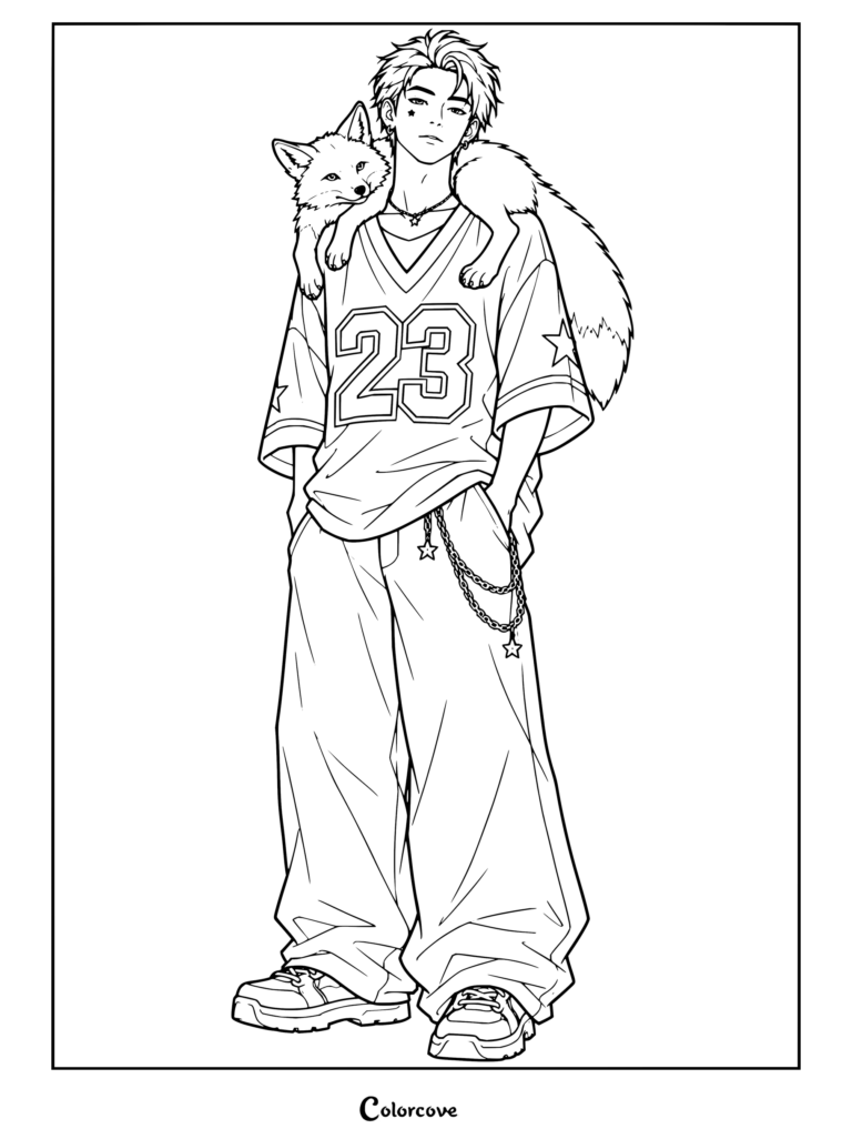 Dibujo para colorear de Seonghyeon de CORTIS luciendo una camiseta oversize estilo Y2K con un zorro descansando en su hombro.
