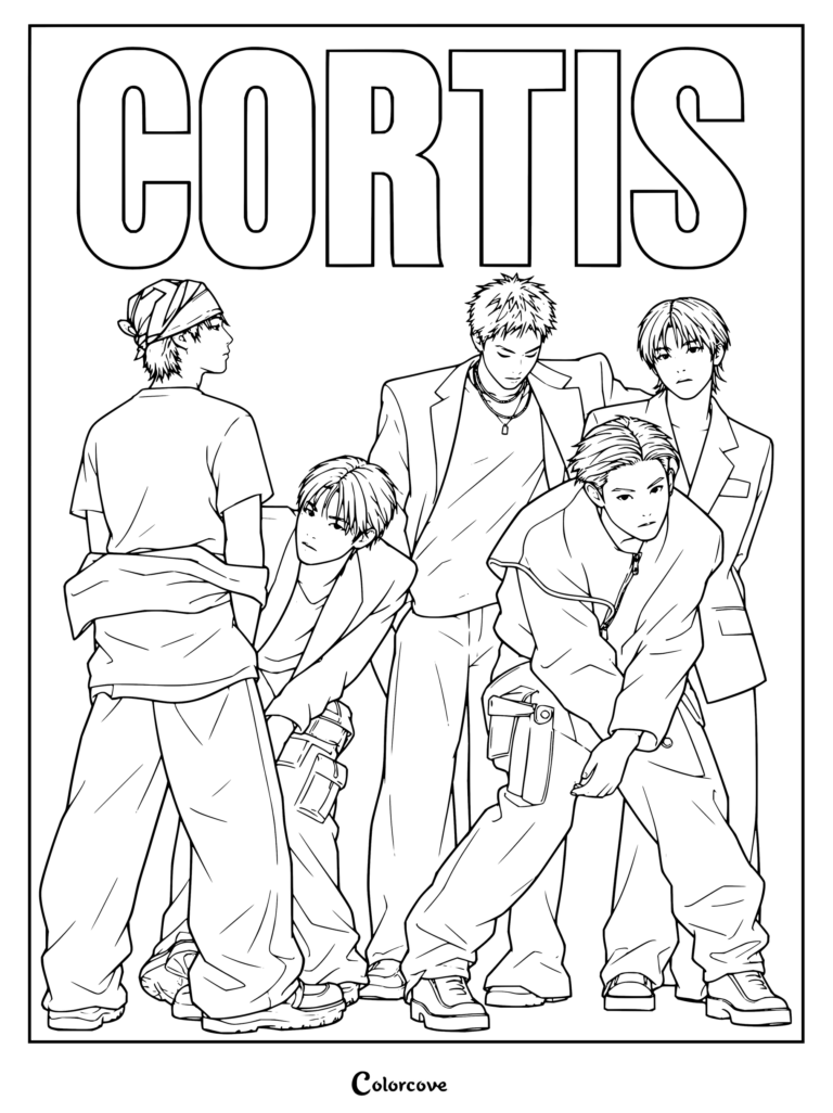 Póster promocional para colorear de CORTIS con los cinco miembros luciendo elegantes trajes y ropa urbana inspirada en la era Y2K.