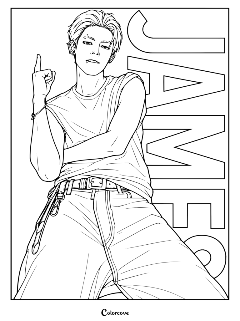 Dibujo para colorear gratis e imprimible de James (Chao Yufan), miembro del grupo de K-pop CORTIS, posando dinámicamente con un dedo levantado y su nombre James al lado.