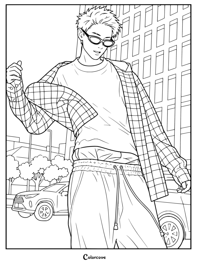 Detallado dibujo para colorear de Martin del grupo de K-pop CORTIS posando con camisa a cuadros y gafas de sol frente a un fondo urbano.