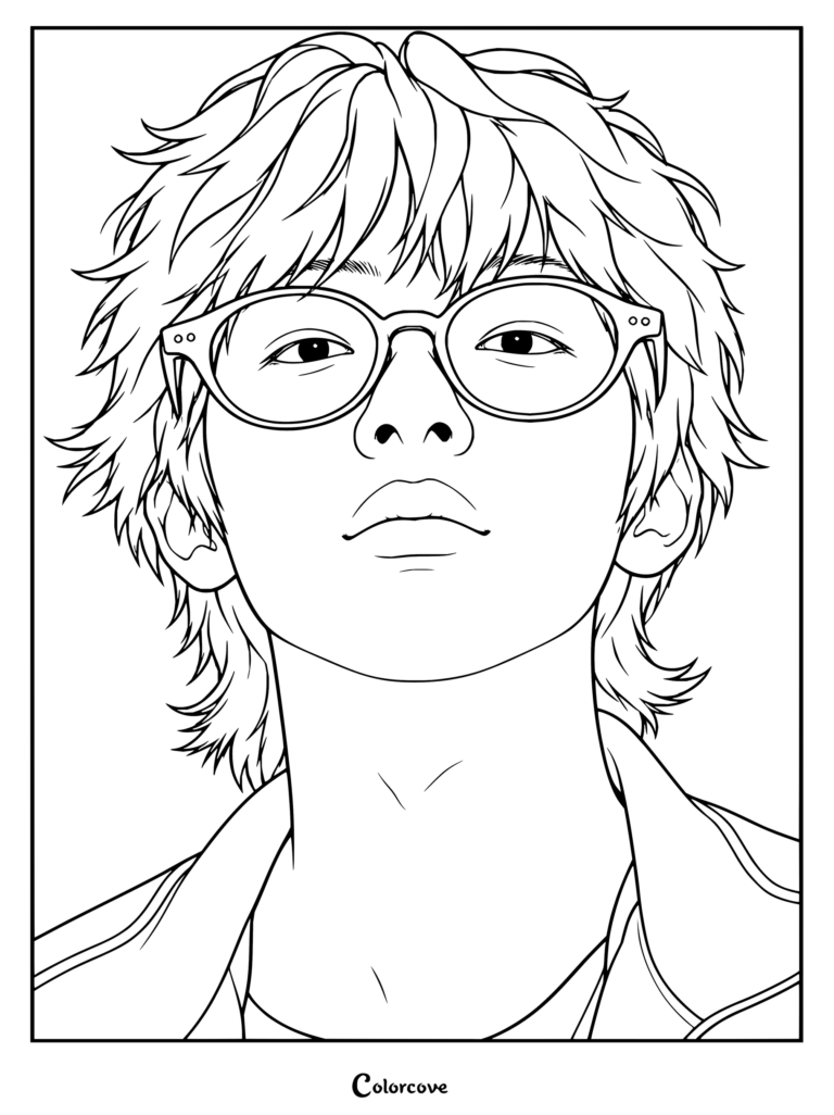 Dibujo para colorear gratis e imprimible de Juhoon de CORTIS luciendo gafas redondas negras y una chaqueta.