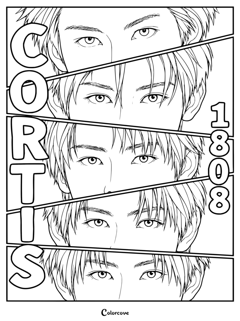 Dibujo para colorear de CORTIS con cinco viñetas apiladas estilo cómic que destacan los ojos de Martin, James, Juhoon, Seonghyeon y Keonho, con una tipografía llamativa a los lados.