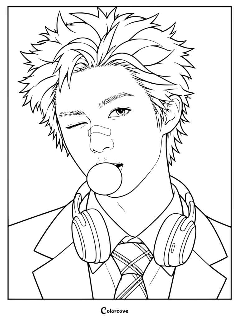 Dibujo para colorear gratis e imprimible de Martin del grupo de K-pop CORTIS con uniforme escolar, corbata y auriculares plateados mientras guiña un ojo y hace una pompa.