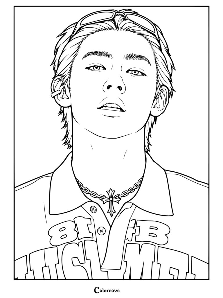 Dibujo para colorear imprimible de Seonghyeon, del grupo de K-pop CORTIS, basado en su sesión de fotos para W Korea luciendo un collar de cruz.
