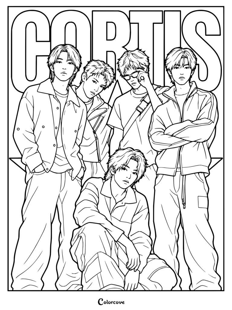 Dibujo para colorear gratis de CORTIS con los cinco miembros Martin, James, Juhoon, Seonghyeon y Keonho posando juntos bajo el nombre del grupo.