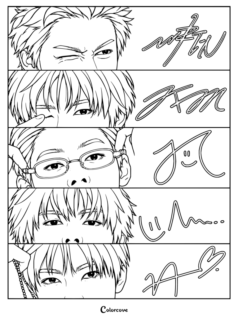 Dibujo para colorear en blanco y negro imprimible con primeros planos faciales y las firmas únicas de los cinco miembros de CORTIS.