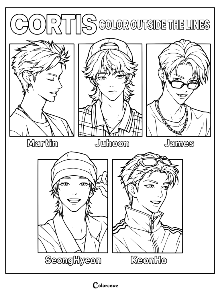 Dibujo para colorear de CORTIS imprimible con retratos individuales de Martin, Juhoon, James, Seonghyeon y Keonho de la era Color Outside the Lines.