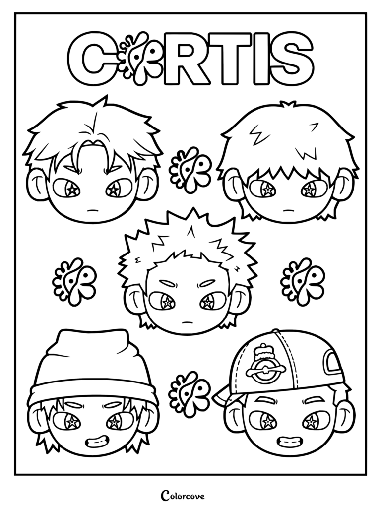 Dibujo para colorear de las cabezas chibi de los miembros de CORTIS: Martin, James, Juhoon, Seonghyeon y Keonho, con ojos de estrella y flores skate-punk.