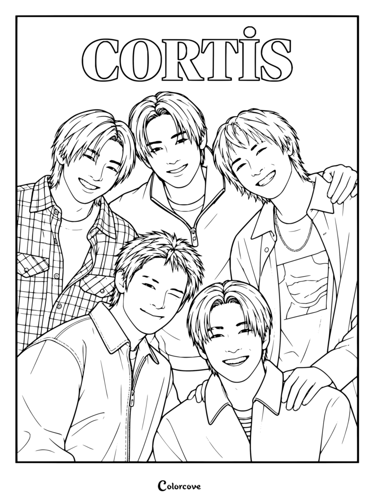 Dibujo para colorear de CORTIS que muestra un retrato grupal de los miembros Martin, James, Juhoon, Seonghyeon y Keonho sonriendo juntos.